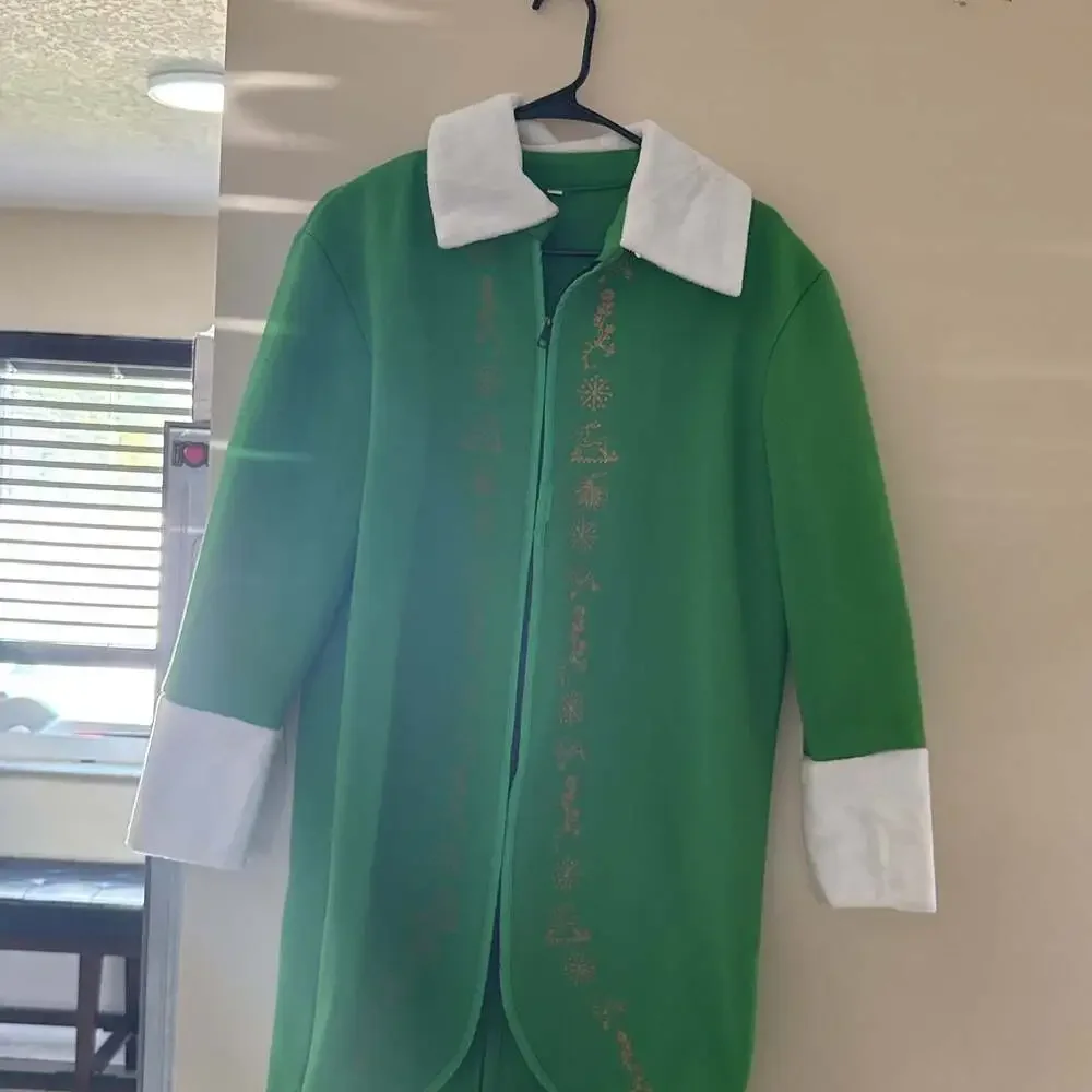 Christmas Elf Costume Long Green Jacket with White Fur Trim & Gold Embroidery S